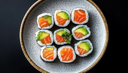overhead view of nine salmon and avocado sushi rolls in a speckled ceramic bowl on black background, fresh and appetizing