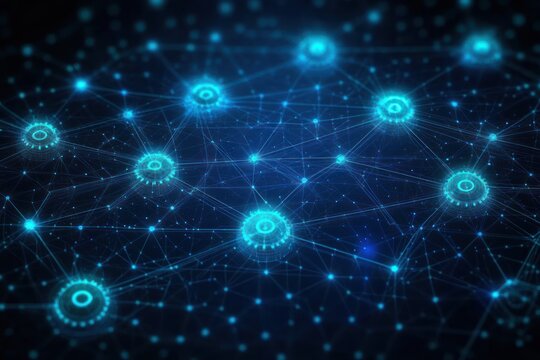 glowing blue interconnected nodes and lines forming a futuristic digital network, evoking connectivity and dynamic energy
