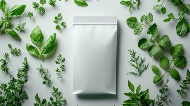 Blank white resealable pouch centered among fresh basil, mint, rosemary, thyme, oregano and parsley on a clean minimalist flat lay evoking freshness and calm