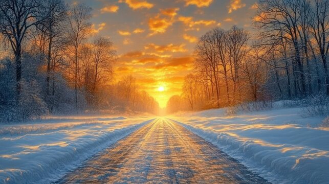 Snowy country road flanked by bare trees leading toward a glowing golden sun on the horizon, serene and peaceful winter scene