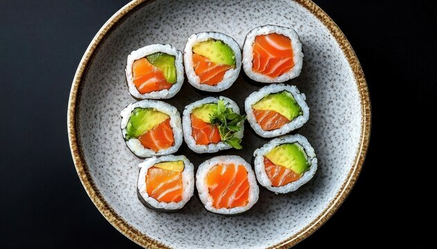 overhead view of nine salmon and avocado sushi rolls in a speckled ceramic bowl on black background, fresh and appetizing - Powered by Adobe