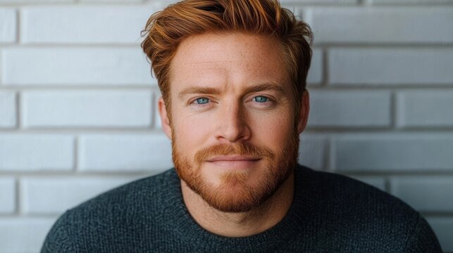 young red-haired man in dark knit sweater against white brick wall, close-up portrait conveying calm and contemplative mood