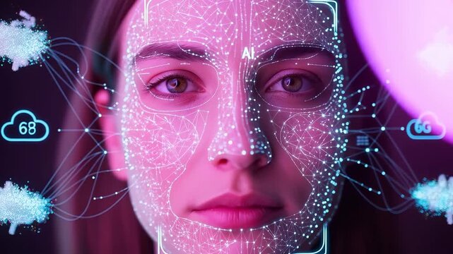 Young woman portrait face with facial recognition technology and neural network overlay neon glow mapping biometric analysis conveying futuristic