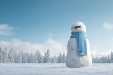 cheerful snowman adorned with ar scarf and digital eyes set against serene winter landscape