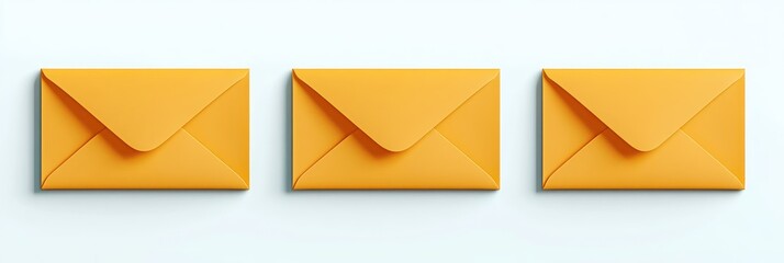 Three bright yellow envelopes neatly aligned on a clean white surface, cheerful minimalist mail concept