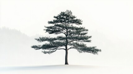Solitary pine tree standing on a snow-covered hill with misty forest silhouettes in the distance, evoking calm serene solitude