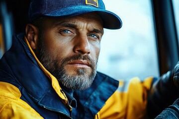 worker in yellow high-visibility jacket and cap driving a vehicle, focused and attentive with gloved hands on the steering wheel inside a cab