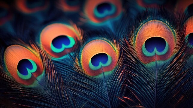 Close-up of iridescent peacock feather eye patterns in teal, orange and blue, intricate plumage textures conveying elegance and wonder