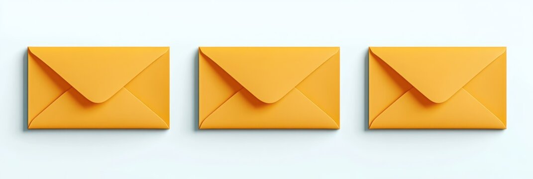 Three bright yellow envelopes neatly aligned on a clean white surface, cheerful minimalist mail concept