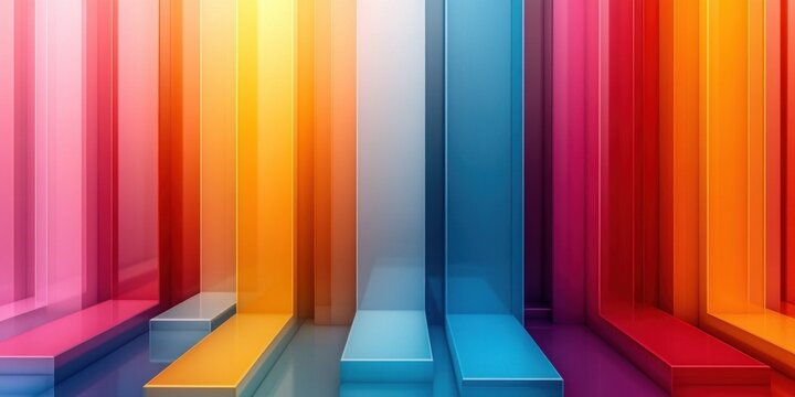 tall translucent colored panels and glossy rectangular platforms forming a vibrant abstract geometric space with radiant gradients and reflections, conveying a dynamic uplifting futuristic mood
