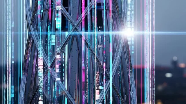 Futuristic city network technology neon glass tube light skyline glowing with blue and pink strands and rain droplets reflecting sleek highrise