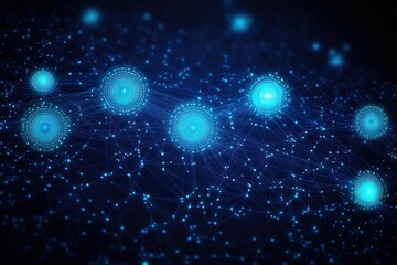 Glowing blue circular hubs linked by a web of luminous points and lines on a dark background, evoking a futuristic, mysterious sense of digital connectivity and motion
