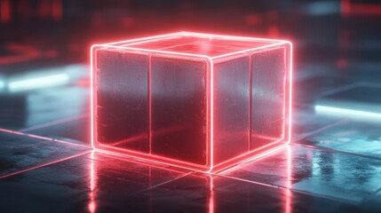 Glowing neon-outlined cube with scratched metallic faces on reflective tiled floor in a dark futuristic setting, moody and mysterious atmosphere