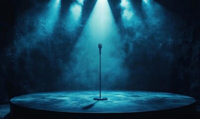 empty round stage with a single microphone under blue spotlights and smoky haze, evoking anticipation and solitude