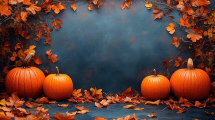 Four bright orange pumpkins nestled among fallen autumn leaves and twisting vines against a moody dark textured backdrop, evoking cozy harvest warmth