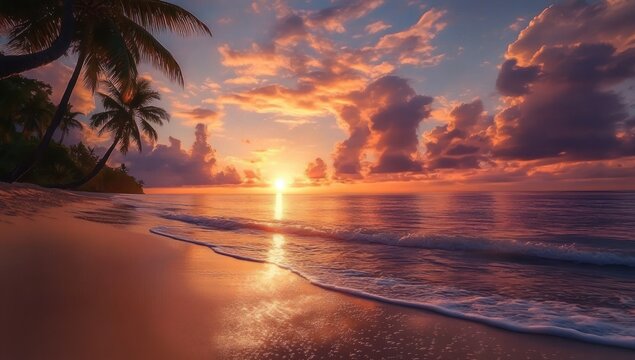 golden tropical sunset over calm ocean with palm silhouettes, gentle waves lapping reflective wet sand, dramatic colorful clouds and a tranquil, awe-inspiring mood