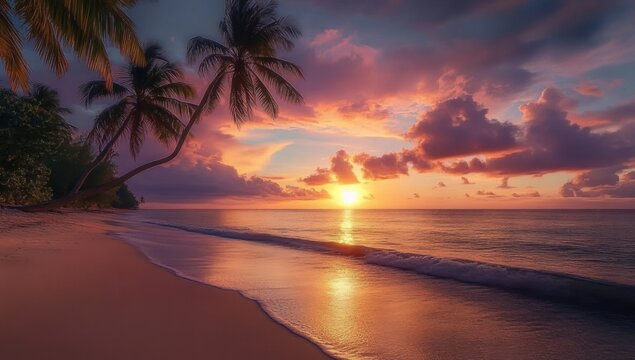 Serene tropical sunset over a sandy beach with leaning palm trees, calm ocean waves, glowing sun on the horizon, colorful clouds and reflective wet shoreline