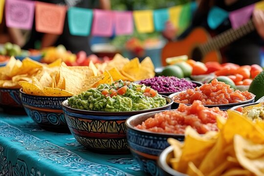 festive outdoor spread of tortilla chips, bowls of guacamole and fresh salsas on a colorful table with decorative paper banners and a guitarist in the background, inviting celebration - Powered by Adobe