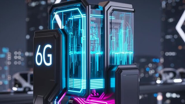 Futuristic technology data hub with glowing neon circuitry and 6G signage urban night skyline expressing innovation and connectivity server rack