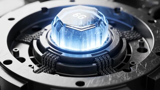 Futuristic technology hub 6g crystal modem braided cable connector metal housing glowing blue holographic symbol hexagonal component conveying