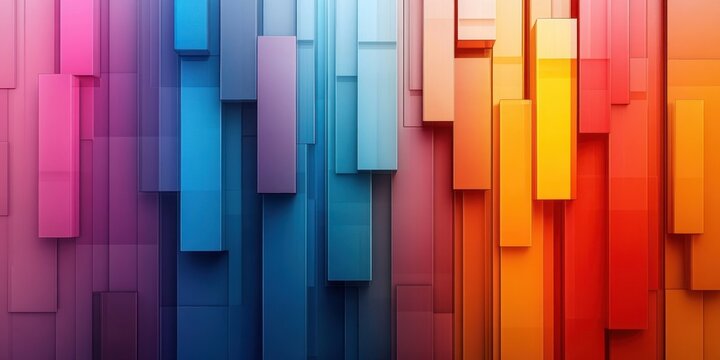 vibrant abstract background of layered vertical 3d rectangular bars in a spectrum of pink purple blue teal yellow and orange conveying a dynamic energetic mood
