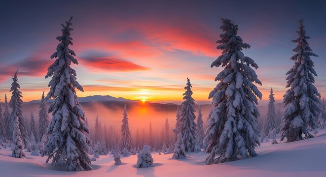 Snow covered fir trees silhouette against colorful sunset sky
