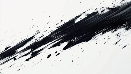 Bold diagonal black brush stroke with splatters on white background conveying energetic movement and dramatic high-contrast abstraction