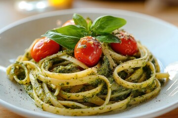 close-up of fettuccine pasta tossed in vibrant green pesto with roasted cherry tomatoes, fresh basil leaves and grated cheese on a white plate, bright and appetizing