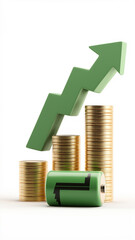 Stack gold coin battery ascend height stand upward arrow money growth rise investment return increase profit.