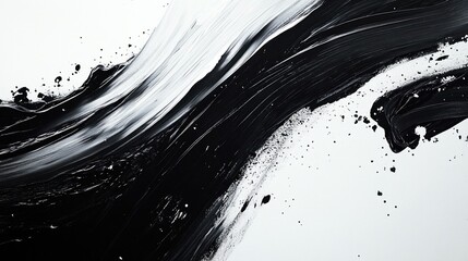 bold sweeping black and white paint stroke with dynamic splatters and flowing texture conveying energy and dramatic movement