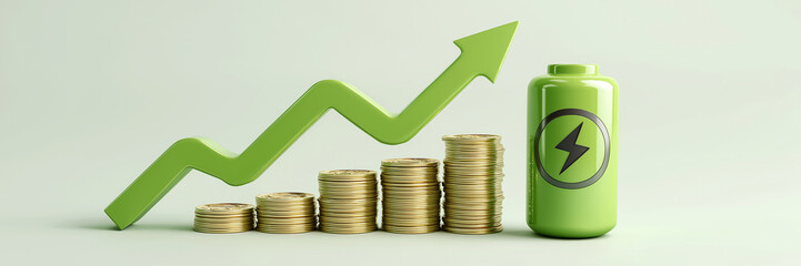 Banner stack gold coin battery ascend height stand upward arrow money growth rise investment return increase profit.