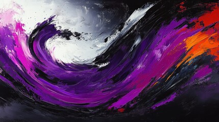 dynamic abstract wave of purple and black brushstrokes with bright orange splash conveying powerful motion and drama