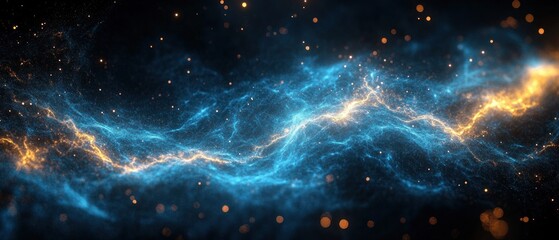 swirling blue and gold cosmic nebula with glowing filaments and sparkling particles, evoking awe and mystery