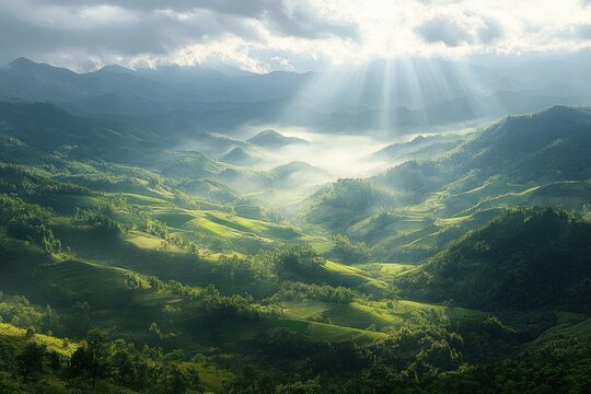 Sunbeams breaking through heavy clouds onto misty, layered green mountains and rolling forested hills, a serene and awe-inspiring morning valley landscape