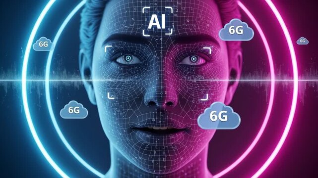 Artificial intelligence facial interface technology with 6G cloud neural connectivity futuristic portrait blending AI recognition, facial grid - Powered by Adobe