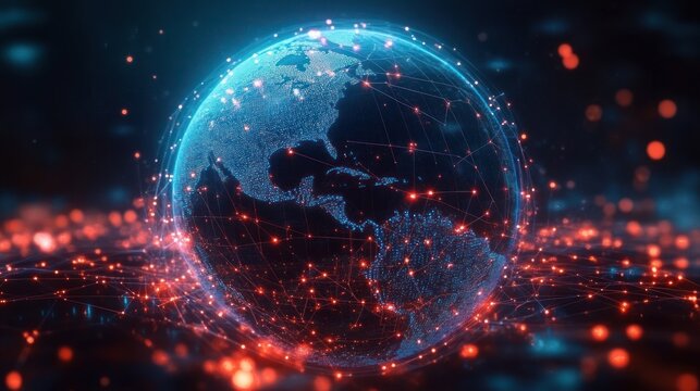 Glowing digital globe showing the Americas with blue data points and red connected nodes, a futuristic dynamic depiction of global connectivity and network energy - Powered by Adobe