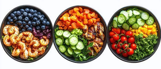 Three vibrant healthy bowls: shrimp with blueberries and purple cabbage; grilled chicken with cucumber, avocado and carrots; cherry tomatoes, cucumber, mango and kale, fresh and appetizing