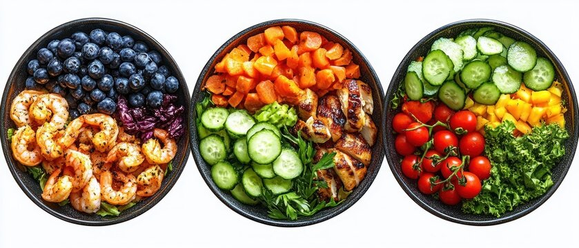 Three vibrant healthy bowls: shrimp with blueberries and purple cabbage; grilled chicken with cucumber, avocado and carrots; cherry tomatoes, cucumber, mango and kale, fresh and appetizing