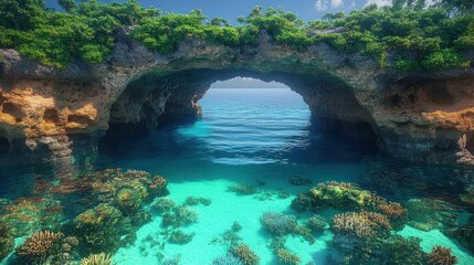 Naklejka premium Sunlit limestone sea arch over turquoise shallow water with visible coral reef and lush tropical greenery, a serene and inviting coastal grotto