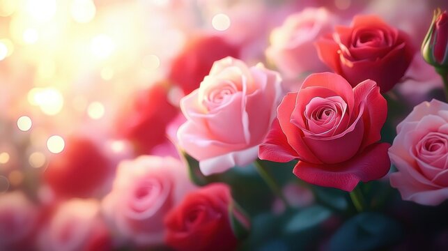 Sunlit cluster of pink and red roses with soft bokeh and dewy petals evoking a dreamy romantic warmth