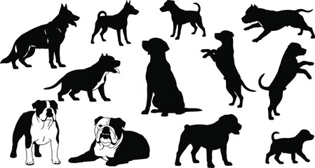 Dog silhouettes set, vector illustration collection of various breeds like bulldog and shepherd, in different poses, isolated on white background.
