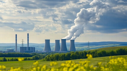 spring landscape with power station