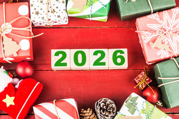 Happy New Year 2026, Christmas 2026, Christmas gifts placed in a festive atmosphere 