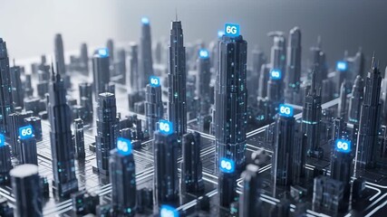 Futuristic smart city network technology with glowing 6g nodes and skyscraper transmitters conveying connectivity and innovation modern 6g network - Powered by Adobe