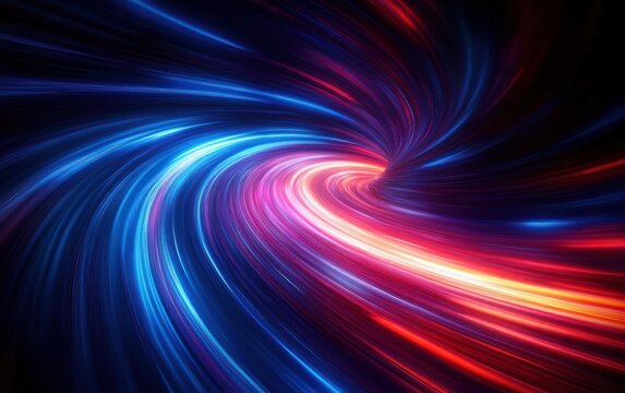 Glowing swirling vortex of neon light trails in blue, cyan, pink and red forming a dynamic energetic motion tunnel with radiant streaks