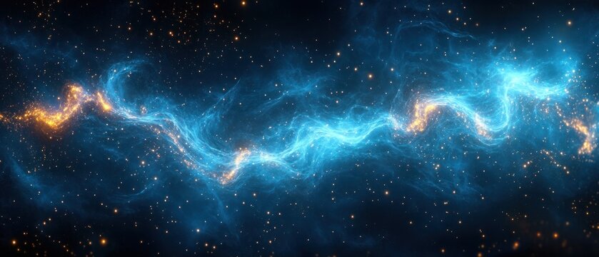 A luminous blue nebula filament winds across star-filled dark space with glowing golden star clusters and wispy gas clouds, evoking awe, serenity, and cosmic wonder - Powered by Adobe