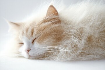 fluffy cream and white long-haired cat sleeping peacefully with closed eyes and pink nose on a soft white surface, serene and cozy mood
