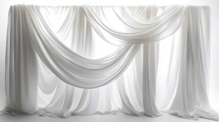 layered white sheer curtains and draped flowing fabric panels with soft folds creating an airy, serene, ethereal minimalist backdrop