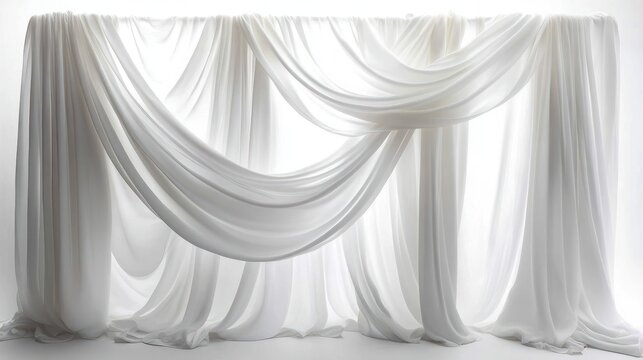 layered white sheer curtains and draped flowing fabric panels with soft folds creating an airy, serene, ethereal minimalist backdrop