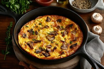 Golden mushroom frittata in a cast iron skillet topped with fresh herbs, on a wooden board with whole mushrooms, pepper bowl and a gray napkin, warm rustic inviting breakfast